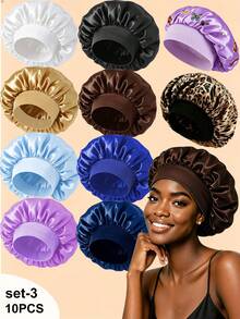 10pcs Set Assorted Solid Color & Leopard Floral Pattern Satin Sleep Caps, Soft Elastic Band Hair Wraps, Women's Wide Brim Smooth Satin Fashion Sleep Caps, Comfortable Breathable Hair Care Caps, Back To School Essential Hair Accessories - Multicolor - View 15