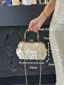 女款晚宴手拿包，亮片貝殼珠飾金屬手柄口金鎖包，緞面內裡正式派對婚禮舞會單肩斜跨包 - 米色 - 查看 12
