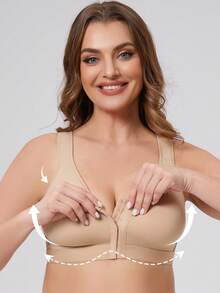 MELENECA Women's Front Closure Wirefree Post Surgery Plus Size Back Support Posture Bra - Khaki - View 7