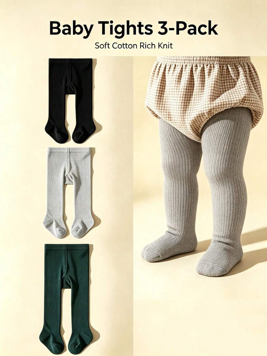 3 Pairs Baby Infant Girls Socks Tights Solid Color Versatile Leggings - Multicolor - View 1