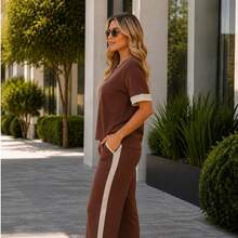 Women's Wide-Leg Pants And Short-Sleeve Top Set Summer - 鏽棕色 - 查看 3