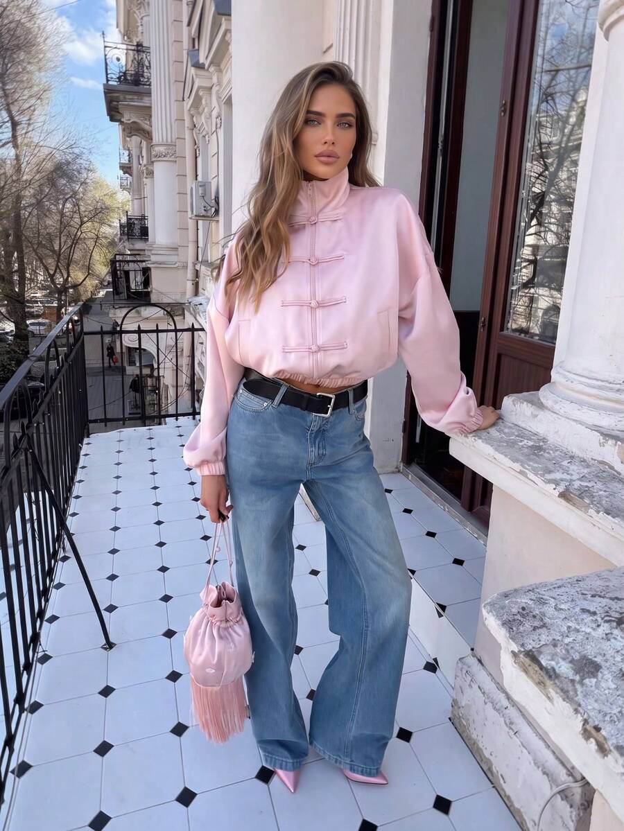 Elegant Casual Satin Frog Button Loose Daily Commute Date Multi-Occasion Suitable Women's Jacket Pink - Pink - View 1