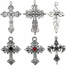 3/6pcs Large Gothic Cross Charms Vintage Filigree Flame Cross Pendants With Rhinestone For DIY Punk Bracelet Necklace Jewelry Making Findings - Silver - View 8