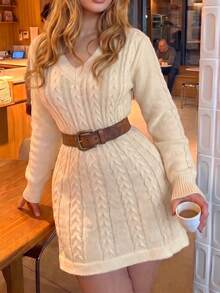 Women's Solid Color V-Neck Casual Daily Knit Dress Fall - Apricot - View 2