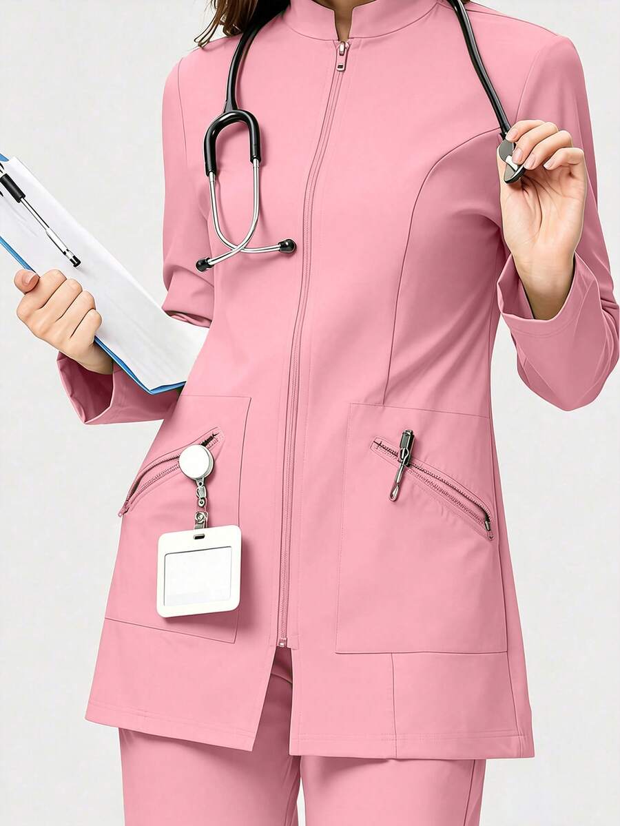 Casual Commuter Long Sleeve Zip-Up Pocket Stand Collar Scrub Jacket Workwear For Nurse, Dentist, Pet Hospital, Laboratory, Pink