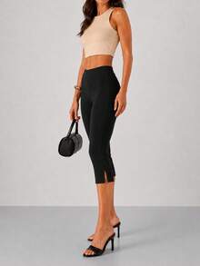 Women Solid High Waist Slim Fit Capri Pants - 黑色 - 查看 5