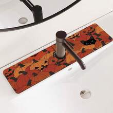 1pc Halloween Pumpkin Black Cat Design, Non-Slip Rubber Faucet Splash Guard, Bathroom Faucet Splash Pad, Mud Guard, Moisture-Proof Non-Slip Faucet Mat, Kitchen Countertop Accessory. Protect Your Kitchen Countertop. - Multicolor - View 3