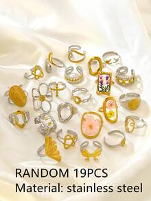 VceTd 6/9/12/19PCS Cincin Terbuka Wanita Acak dengan Dekorasi Hati/Bunga/Bintang/Desain Geometris, Cocok untuk Pemakaian Sehari-hari - Emas/Perak - View 2