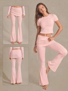 Women's 2-In-1 Pink Skirt-Style Flared Yoga Pants With Outer Skirt Panel, Gym Sports Fall - Pink - View 8