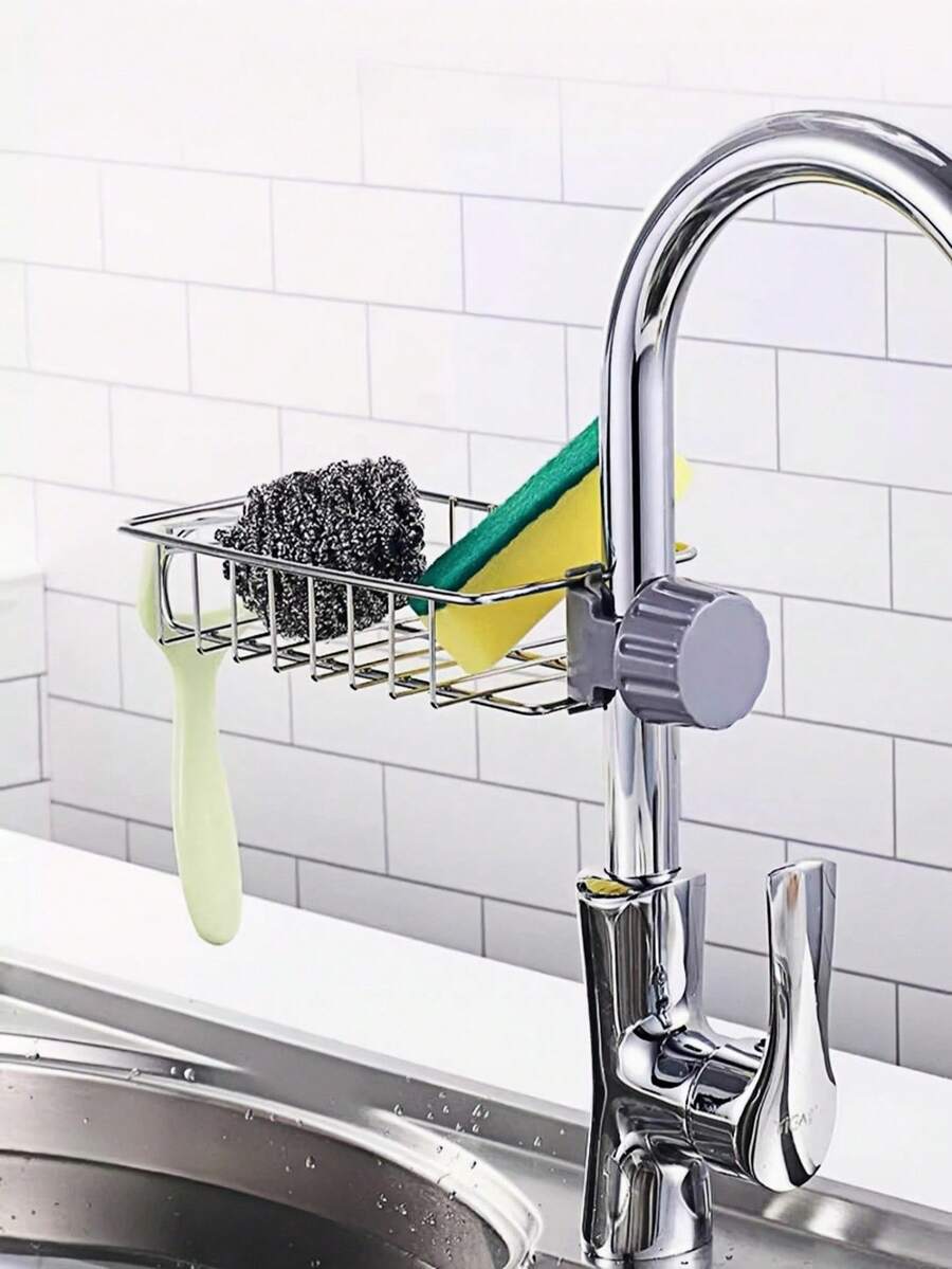1pc Sink Storage Rack, Over-Faucet Design, Stainless Steel Kitchen Sink Organizer, Sponge, Brush, Towel And Peeler Drainage Rack