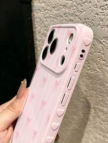 1件新款高級Ins風淺粉色條紋蝴蝶結圖案側面3D愛心手機殼，適用於Apple/Phones Apple 17/17Pro/17ProMax/16/16Pro/16ProMax/16Plus/15/15Plus/15Pro/15ProMax/14/14Plus/14Pro/14ProMax/13/13Pro/13ProMax/12/12Pro/12ProMax/11/11ProMax - 粉色 - 查看 5