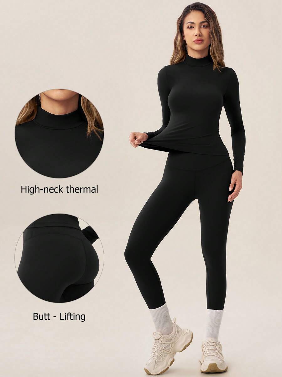 TimeOff Women's One Set Autumn/Winter Solid Color Stand Collar Slim Fit Long Sleeve Leggings Set - Black - View 1
