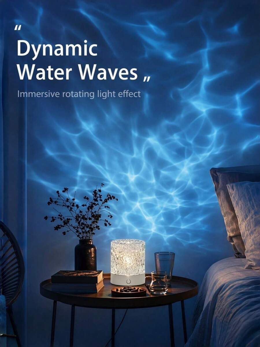 1 pieza Lámpara de proyector redonda, luz nocturna, luz LED con efecto dinámico de onda de agua giratoria, alimentada por USB, 7 colores y 16 colores opcionales, 16 colores con control remoto, adecuada para habitación, sala de estar, decoración de dormitorio, decoración de habitación