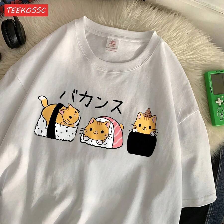 Women's Cotton T-Shirts, Cute Cat And Japanese Sushi Prints, Short Sleeves, Round Neck, Loose Fit, Soft, Women's Summer Casual Wear. - White - View 1