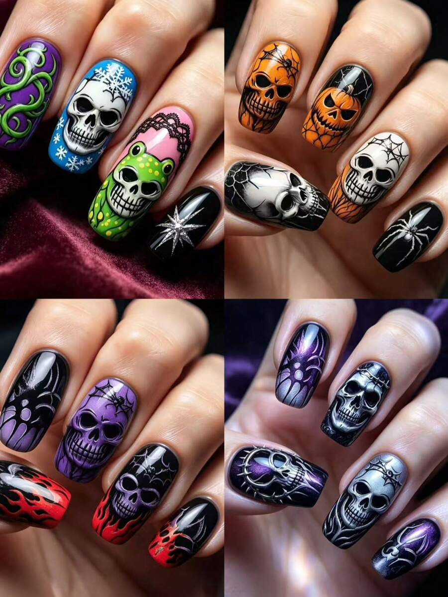 Set Kuku Palsu Halloween Gaya Gothic Gelap 96 Buah, Desain Hantu Prancis & Guci Hijau yang Dilukis Tangan, Berbagai Gaya untuk Pakaian Liburan, Kuku Tempel yang Dapat Dilepas - MultiWarna - View 1