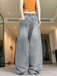 Cartoon Embroidered Plaid Belt Loose Wide Leg Curved Hem Jeans Casual Fall - Blue - View 10