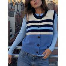 Women's Round Neck Color Block Striped Knit Vest, Button Front Sleeveless Cardigan, Casual Preppy Style Sweater Vest - Blue and White - View 2