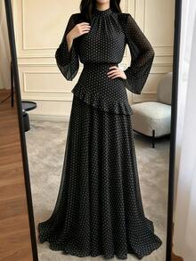 Women's Spring/Autumn Black Polka Dot Stand Collar Bell Sleeve Chiffon Blouse + Ruffle Hem Long Skirt 2-Piece Set, Elegant Date & Commute Outfit - Black - View 3