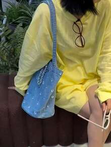 小眾設計花卉刺繡水桶包，夏季丹寧質感單肩包，極簡精緻時尚百搭女款通勤逛街購物斜挎包 - 藍色 - 查看 5