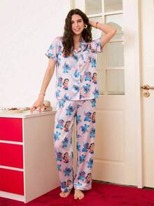 Disney 2-Piece Set Cartoon Print Casual Versatile Short Sleeve Button-Front Top Elastic Waist Long Pants Women's Pajama Set Suitable For All Seasons Home Wear - Pink - View 4