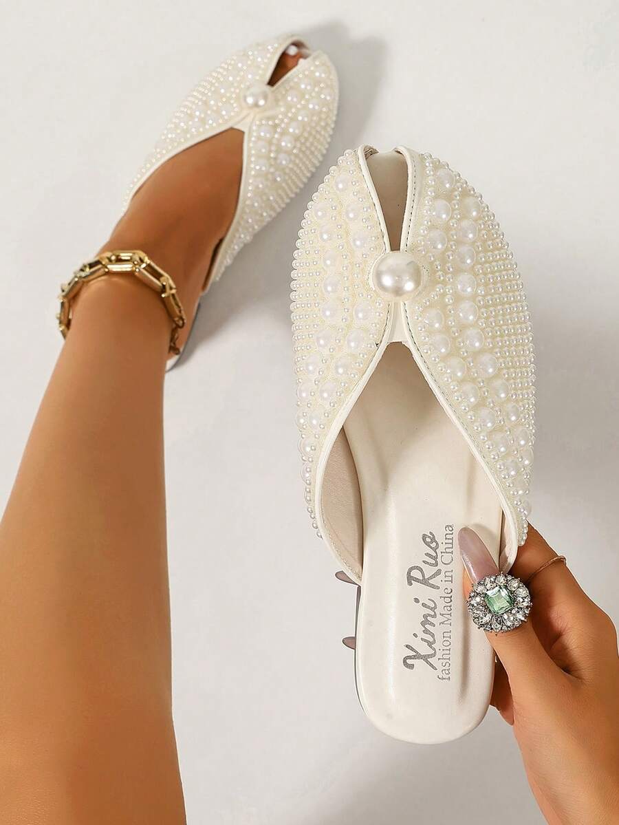 Ximi Ruo Women's Open Toe Cool Slides Spring New Fashion Outdoor Flat Rhinestone Closed Toe Slippers Slouchy Mule Shoes Internet Celebrity Closed Toe - White - View 1