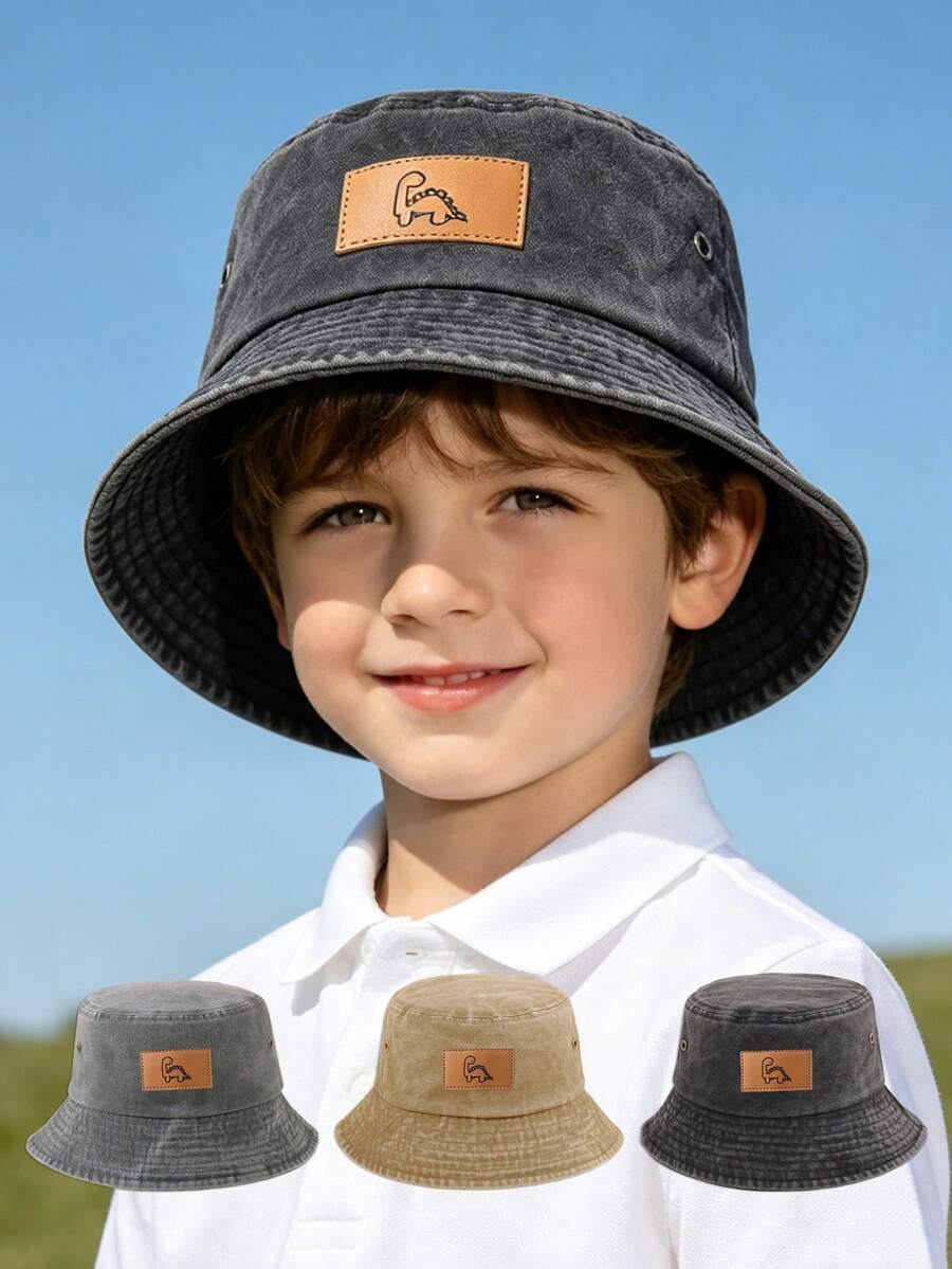 1pc Kids & Teens Cute Dinosaur Patchwork Bucket Hat, Outdoor Casual Sun Protection Hat, Unisex, All-Season, Suitable For School Daily Wear, Versatile Style - 1PC - View 1