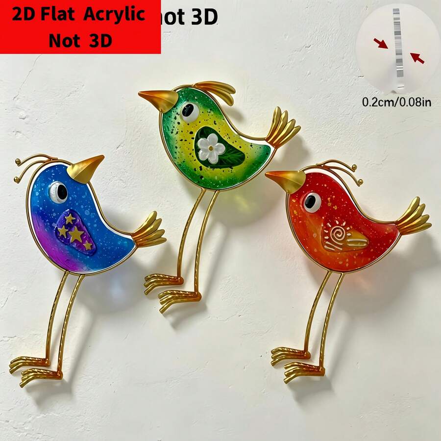 2D Flat Acrylic Printed Garden Decor, 3pcs Fun Acrylic Material Bird Statues, Suitable For Indoor And Outdoor, Colorful Yard Art, Home Gardening Decoration Gift - A - View 1