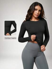 NcmRyu Women's One PC Solid Color Crew Neck Fitted Sports Long Sleeve - Black - View 1
