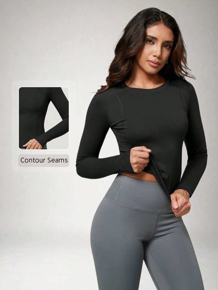 NcmRyu Women's One PC Solid Color Crew Neck Fitted Sports Long Sleeve - Black - View 1
