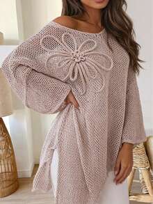 Plus Size Solid Color Casual Plus Size Scoop Neck Asymmetrical Hem Knit Long Sleeve Top - Khaki - View 1