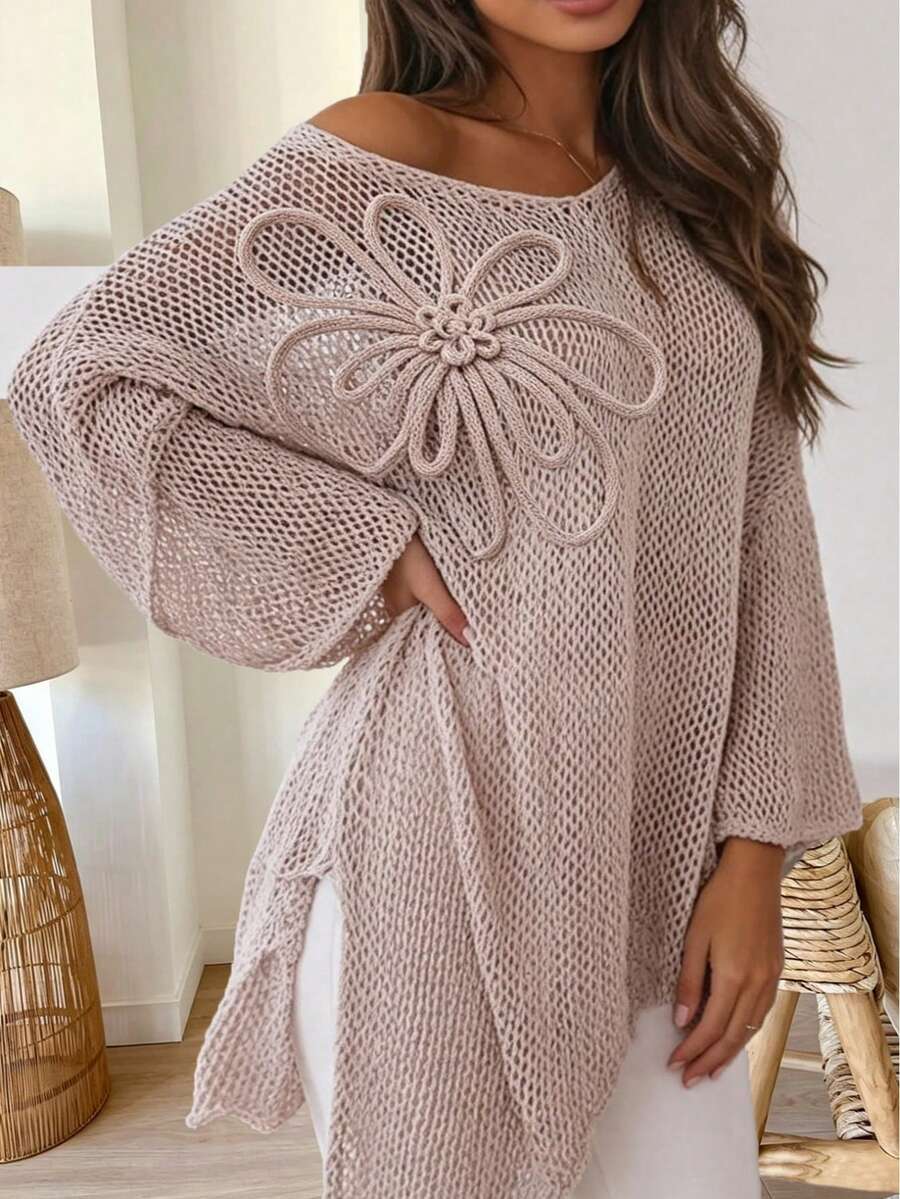Plus Size Solid Color Casual Plus Size Scoop Neck Asymmetrical Hem Knit Long Sleeve Top - Khaki - View 1