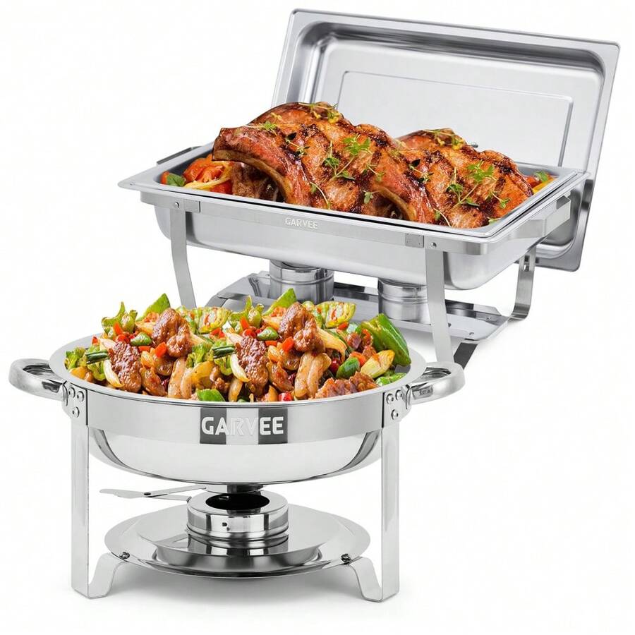 Garvee 2/4 Pack Chafing Dish Buffet Set, 8 Qt Rectangle & 5 Qt Round Stainless Steel Chafers And Food Warmer Sets With Lid, Food & Water Pan And Fuel Holder For Events, Parties & Holiday Catering - Silver - View 1