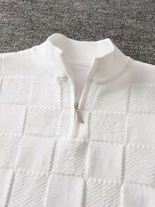 Boys White Semi-High Neck Half-Zip Long Sleeve Knit Sweater With 3D Checkerboard Texture Design, Casual Versatile POLO Collar Pullover, Suitable For School Daily Wear In Spring, Autumn And Winter - White - View 4