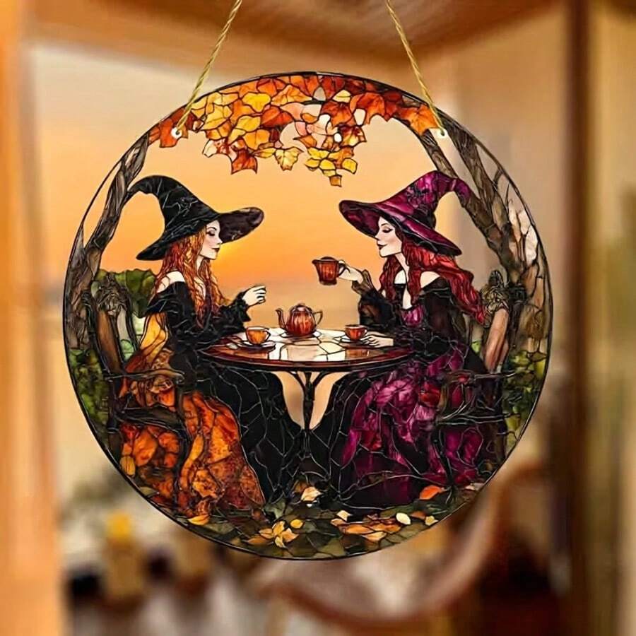 2D Flat - Charming Witch Sun Catcher - Acrylic Hanging Decoration, With Autumn Leaf Design, Perfect For Halloween, Mother's Day/Father's Day Gifts, Indoor And Outdoor Home Garden Decor, Porch And Wall Art, Halloween Decoration, 2D Flat - A - View 1