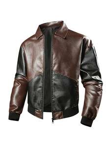 Men's Spring/Autumn Patchwork Motorcycle Leather Jacket, Vintage Lapel Outdoor Camping Cliffside Photo-Ready Versatile Jacket - Brown - View 8