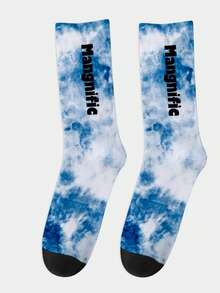 1 Pair Blue & White Tie-Dye Letter Print Mid-Calf Socks, American Street Style Unisex Socks, Casual Versatile For Back To School, Autumn - Multicolor - View 6