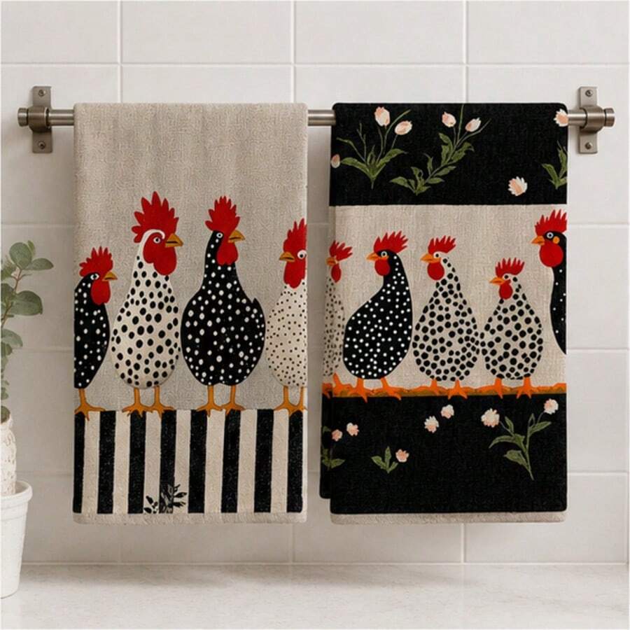 2pcs Vintage Chick Print Kitchen Towels, Farmhouse Style Animal Pattern Hand Towels, Absorbent Soft Dish Cloths, Kitchen Bathroom Home Decor, 4/6/8 Pack - Multicolor - View 1