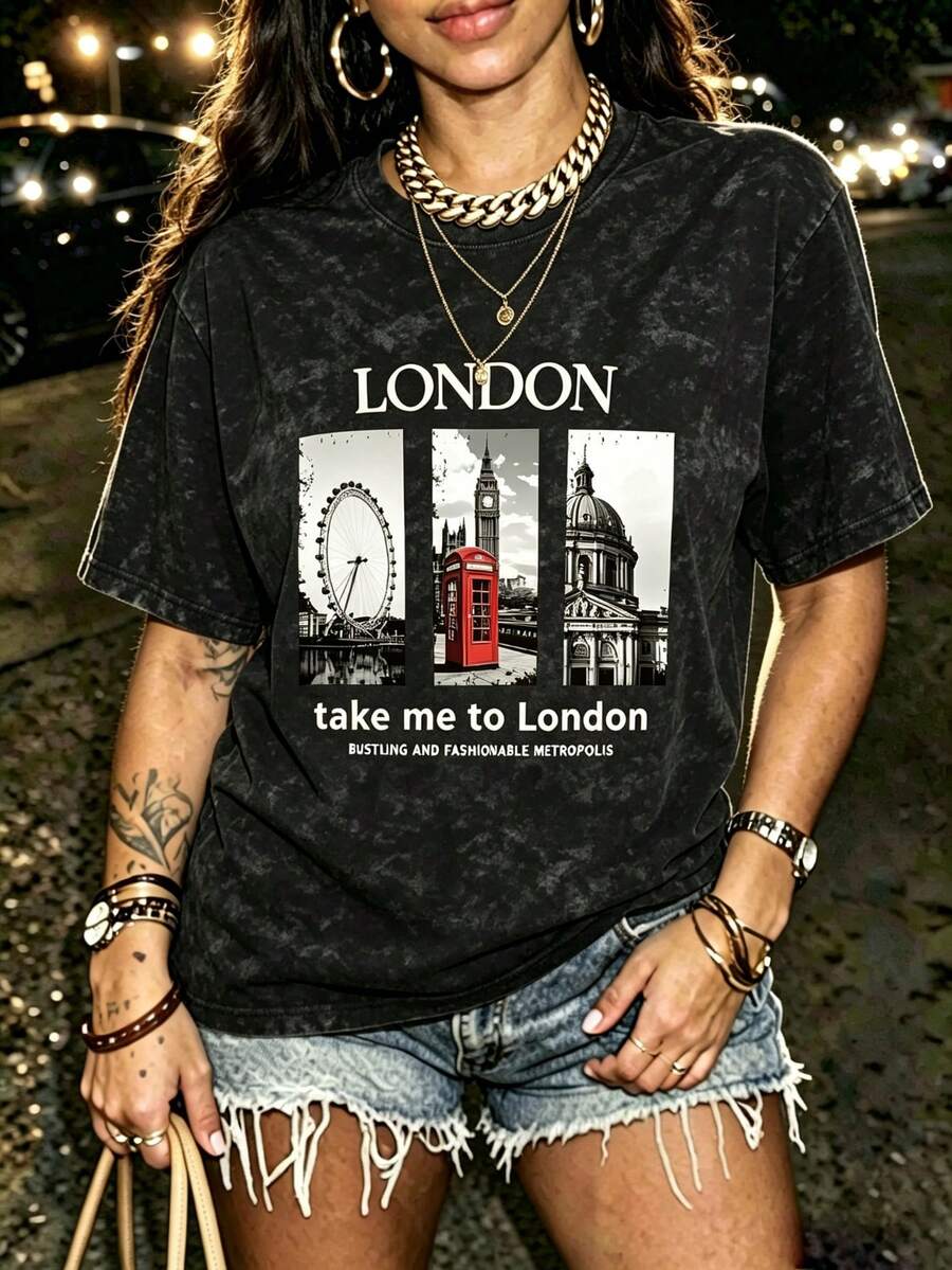 「Take Me To London」圖案T恤，復古城市地標印花，水洗做舊休閒短袖上衣，復古旅行風，夏季黑色