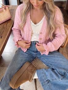 Korean Gentle Campus Pink Ribbed Hollow V‑Neck Cardigan, Women's Lotus Cuff Short Knit Top For Autumn Outing Commute Dating - Pink - View 6