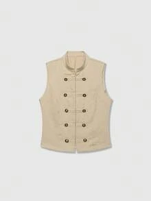 Sleeveless Stand Collar Napoleon Style Casual Button-Up Top Summer - Khaki - View 5