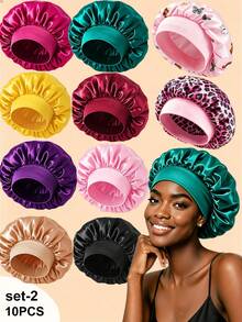 10pcs Set Assorted Solid Color & Leopard Floral Pattern Satin Sleep Caps, Soft Elastic Band Hair Wraps, Women's Wide Brim Smooth Satin Fashion Sleep Caps, Comfortable Breathable Hair Care Caps, Back To School Essential Hair Accessories - Multicolor - View 3