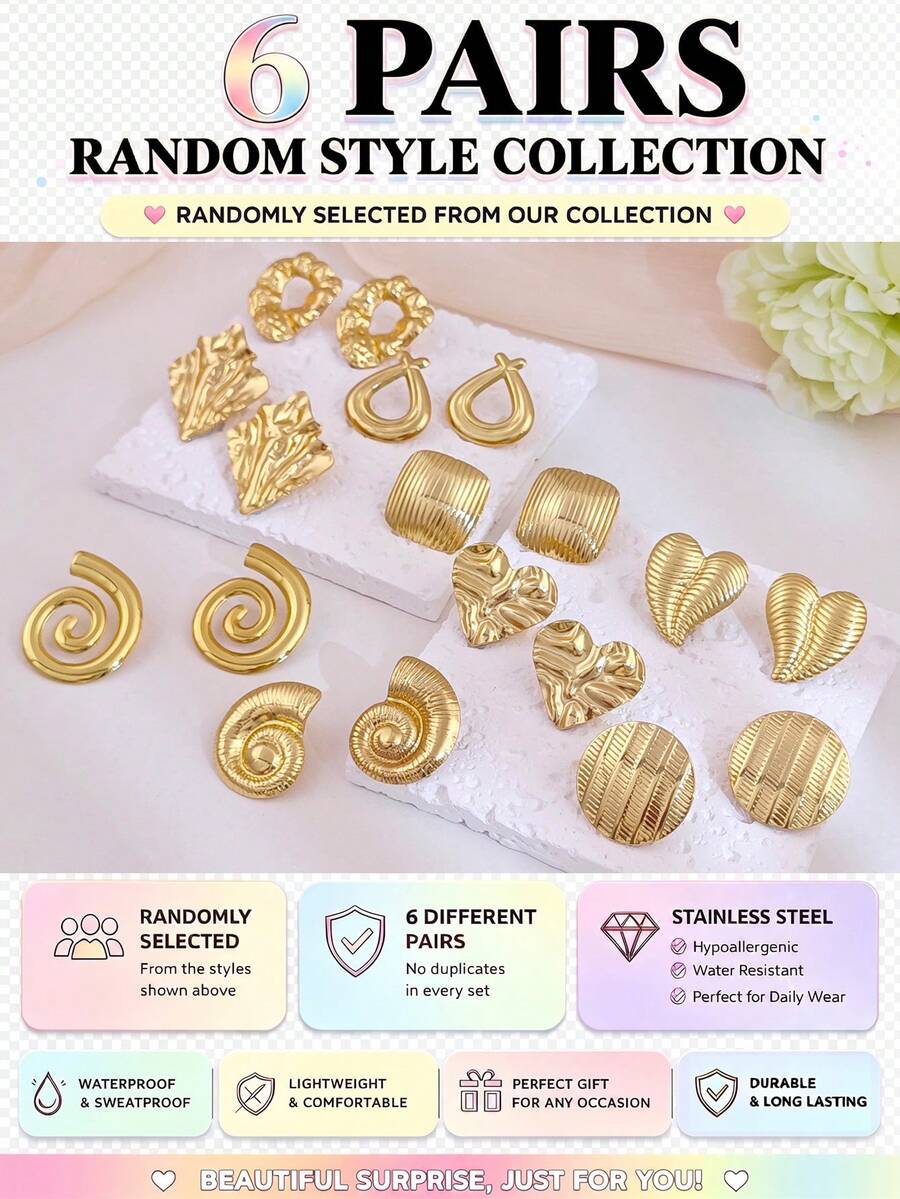 6 Pairs Mystery Earring Bundle Random Selected Stainless Steel Gold-Tone Stud Earrings,Retro Heart Spiral Shell Teardrop Earrings No Duplicate Jewelry - Gold - View 1