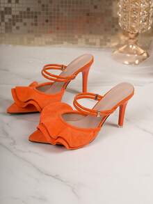 Bright Orange Ruffled Pointed Toe Stiletto Heel Backless Mule Sandals For Women, Double Strap Rhinestone High Heel Slippers, Sexy Party Evening Dress Sandals, Eye-Catching Slimming Niche Fashion High Heels For Party And Date - Burnt Orange - View 7