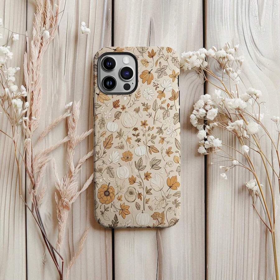 Autumn Pumpkin Phone Case: Leaf Pattern Protective Cover, Double-Layer Protection - White - View 1