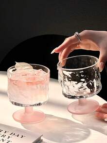 1pc Premium Creative Pink Frosted Textured Glass Cup, Dessert Cup, Wine Glass, Beverage Cup, Juice Cup With High-End Feel And Texture, Thickened Glass, Embossed Stemware, Suitable For Home, Bar, Milk Tea Shop, Cafe, Restaurant, Also As Back To School Gift - Multicolor - View 3