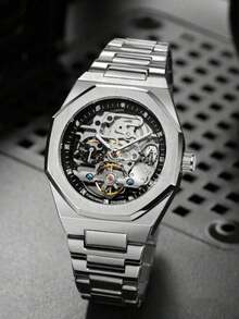 Fashion Hollow Automatic Mechanical Men's Wristwatch, Asymmetrical Case, Casual Business Tourbillon Skeleton Dial, Silver Stainless Steel Band, Luminous Hands, Gift-Grade Watch - Silver - View 2
