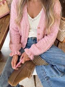 Korean Gentle Campus Pink Ribbed Hollow V‑Neck Cardigan, Women's Lotus Cuff Short Knit Top For Autumn Outing Commute Dating - Pink - View 5