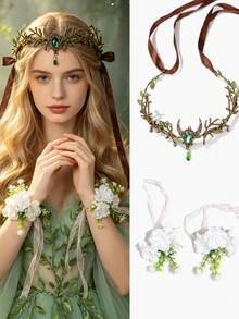 3pcs Forest Elf Branch Moon Headpiece Photography Flower Crown Headband Bride White Flower Wrist Corsage Set Cosplay Hair Accessory - Army Green - View 1