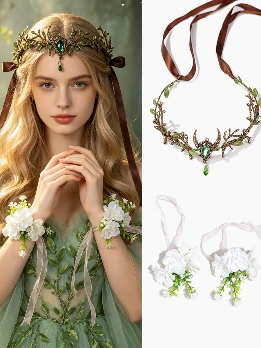 3pcs Forest Elf Branch Moon Headpiece Photography Flower Crown Headband Bride White Flower Wrist Corsage Set Cosplay Hair Accessory - Army Green - View 1