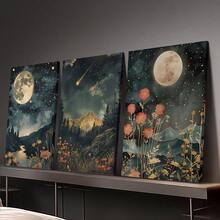 3pcs Unframe Canvas Print Decorative Painting, Botanical Floral Plants, Mystical Style, Moon, Wildflowers, Mountains, Streams, Retro Celestial Art, Indoor Home Wall Decoration Art - A - View 5
